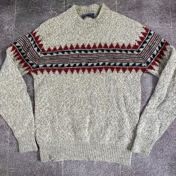 Men's Vintage 80's Pendleton Lobo USA 100% Wool Beige Knit Crewneck Sweater Sz L - Picture 1 of 4